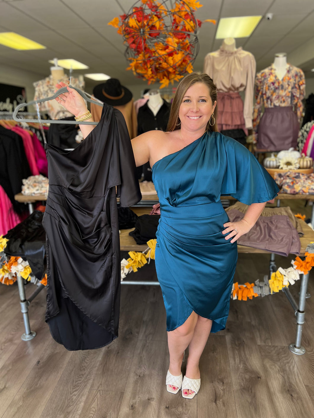 D10251 One shoulder satin dress with pleated bodice and flutter sleeves