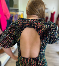 Load image into Gallery viewer, D19504 Glittery sequin bubble sleeve mini dress featuring open back detail. Bow closure at back neck. Invisible zipper at back.