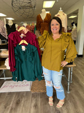 Load image into Gallery viewer, T19069 Textured v-neck long sleeve top featuring ruffle detailing at sleeve