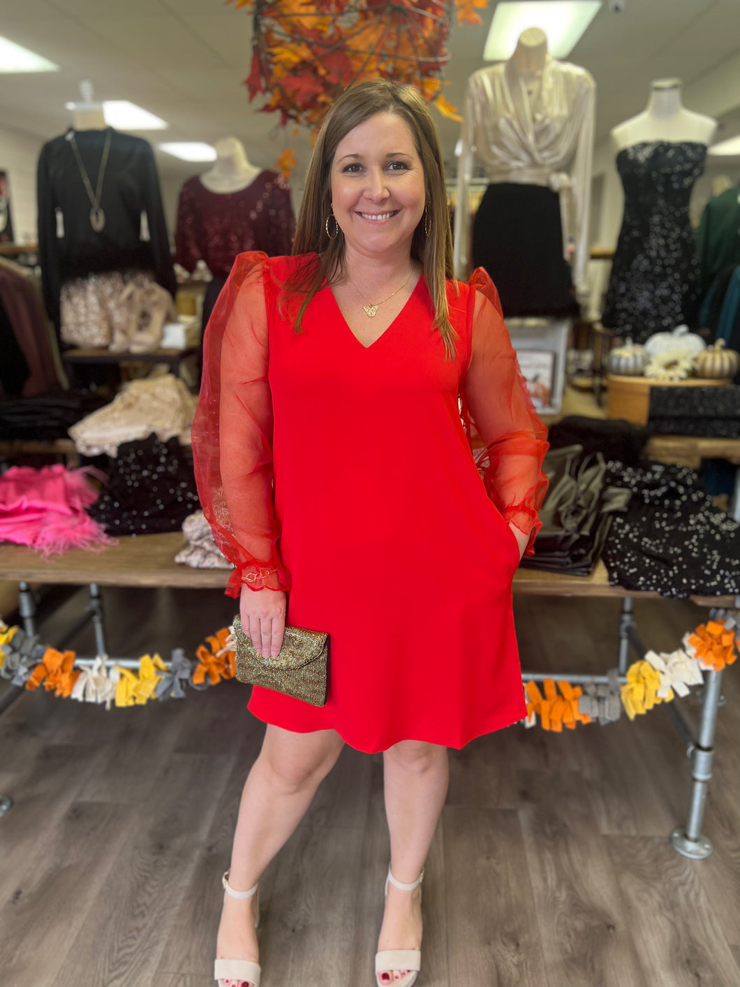 H5527 Solid Sheer Bubble Sleeves Dress