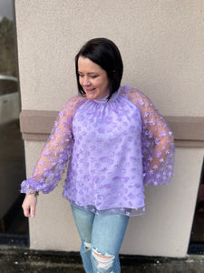 T19796 Mock neck long sleeve organza top featuring 3d flower details