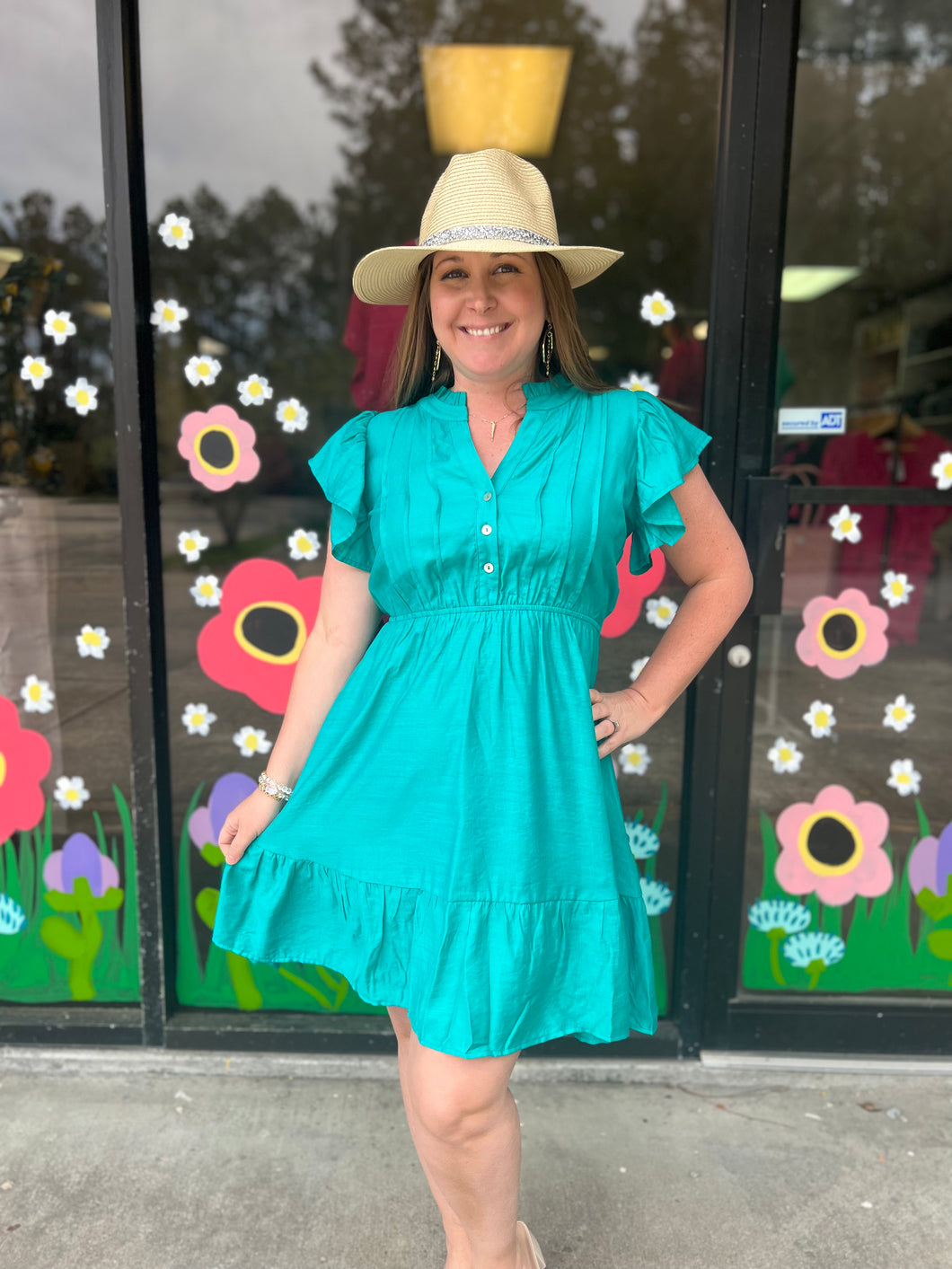 B9365 Linen Ruffle Sleeve Dress with Button Detail