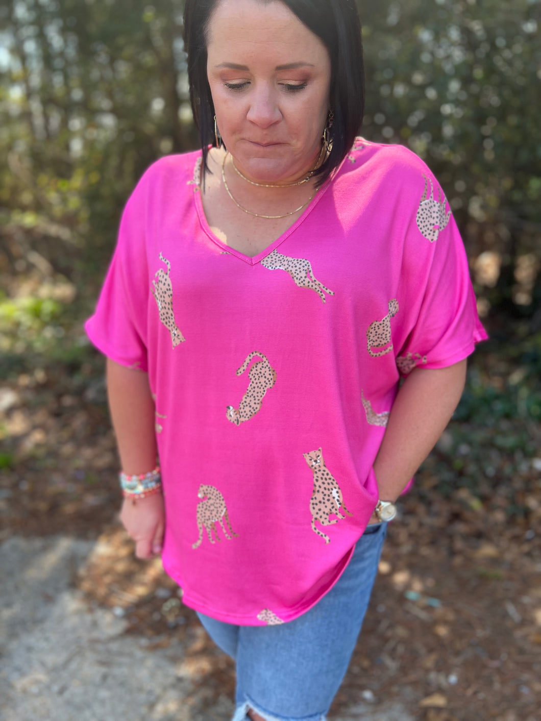 Cheetah Print V-neck Short Sleeve Top