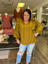 Load image into Gallery viewer, T19069 Textured v-neck long sleeve top featuring ruffle detailing at sleeve
