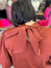 Load image into Gallery viewer, T19309 Satin High neck bubble sleeve top featuring tie in back