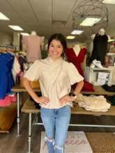 Load image into Gallery viewer, T18687 Satin high neck bubble sleeve top featuring twist detail at front