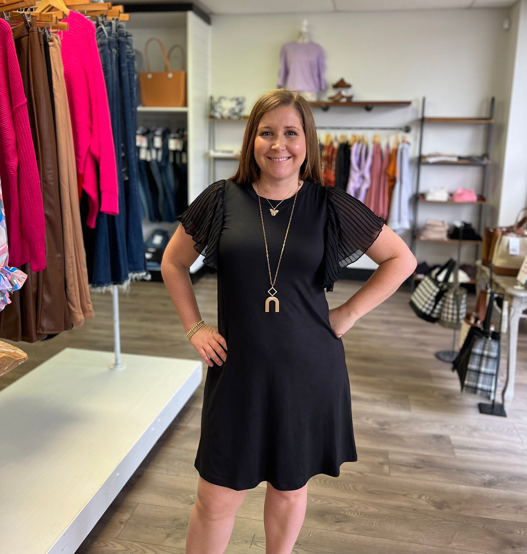 D1899 MIX MEDIA PLEATED RUFFLE SHORT SLEEVE KNIT DRESS