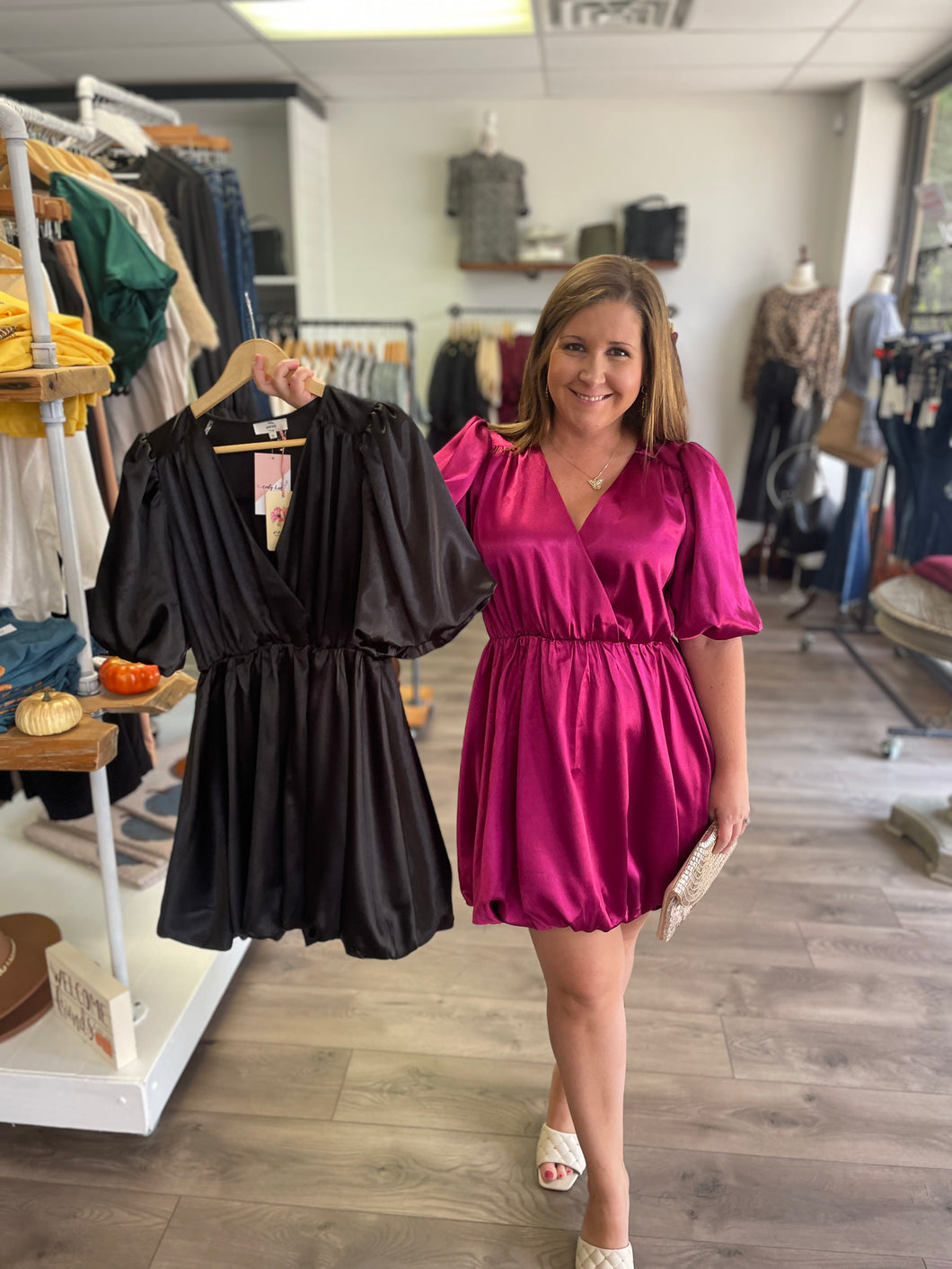 D19287 Satin v neck puff sleeve mini dress featuring bubble hem