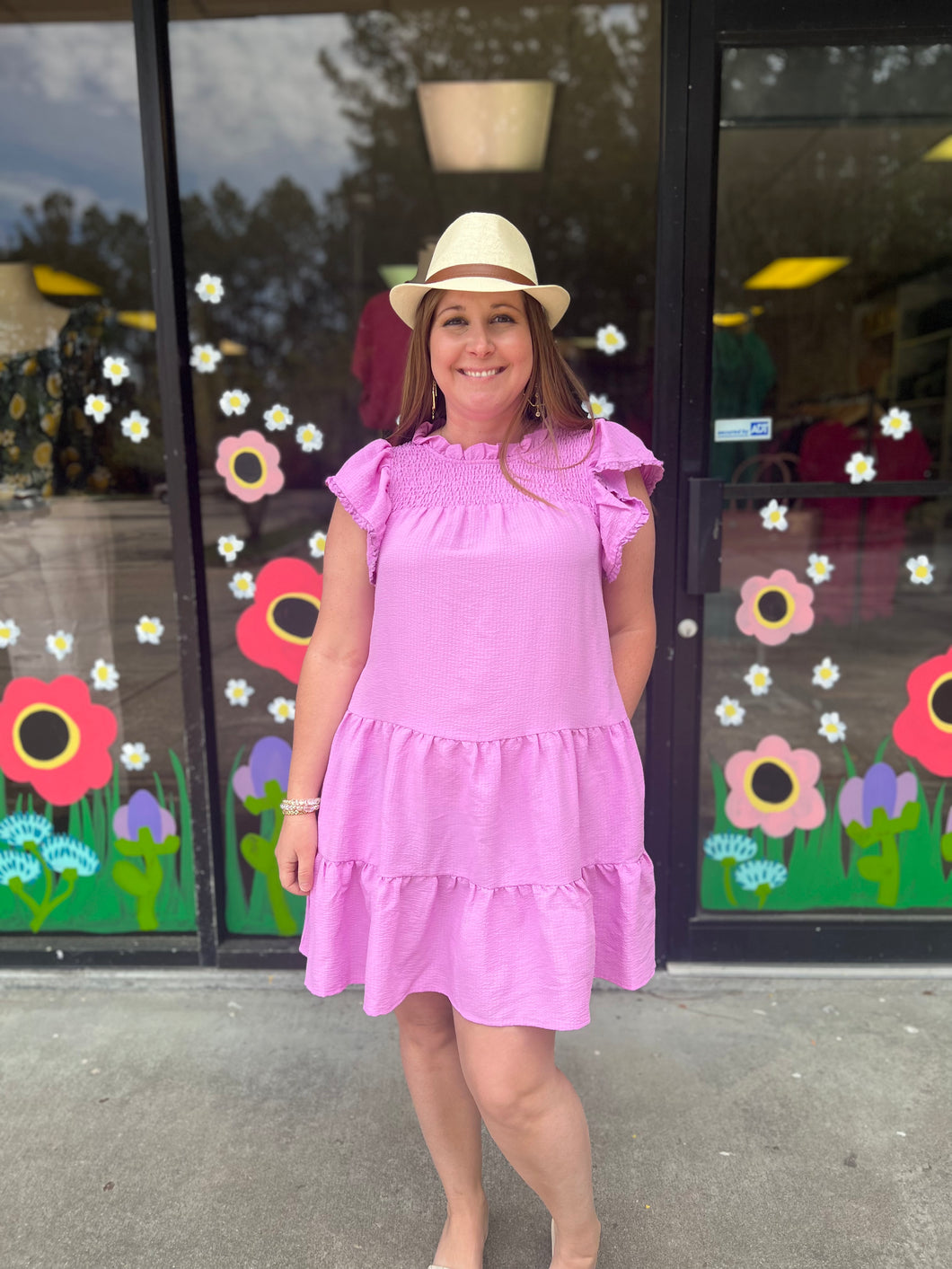 R0124 Ruffled Trim Neckline and flutter sleeve dress