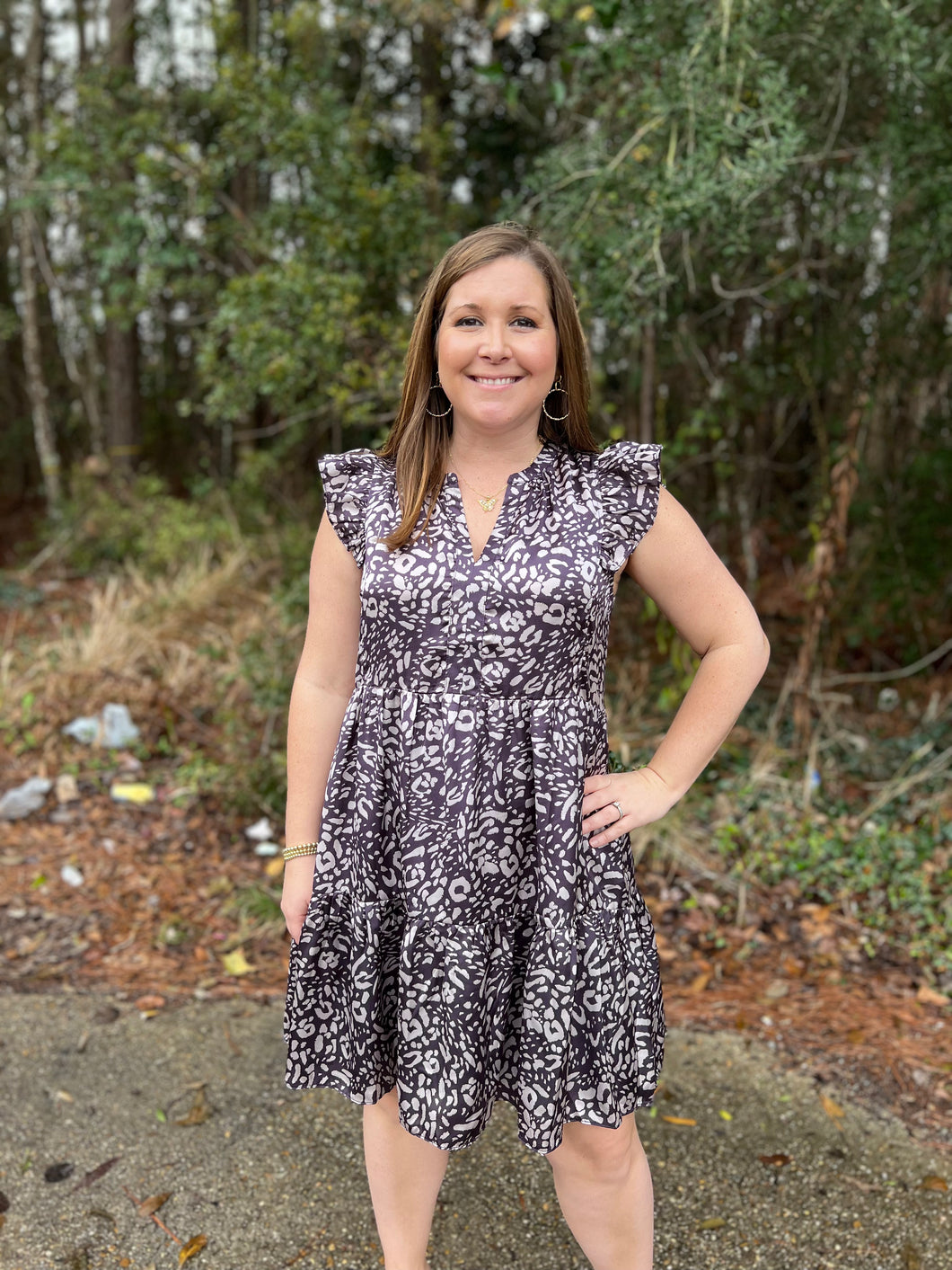 H42783D ANIMAL PRINT SATIN TIER DETAIL MINI DRESS