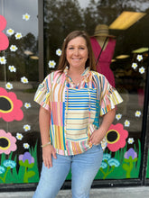 Load image into Gallery viewer, T20178 Print v neck ruffle sleeve top featuring self tie