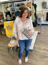 Load image into Gallery viewer, T18854 Satin v-neck long sleeve top featuring pleated detail along neckline