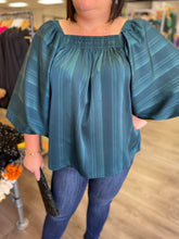 Load image into Gallery viewer, T19536 Stripe satin square neck puff sleeve top featuring smocking along neckline.