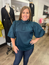 Load image into Gallery viewer, T19309 Satin High neck bubble sleeve top featuring tie in back
