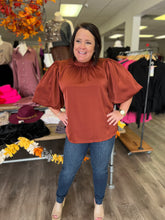 Load image into Gallery viewer, T19309 Satin High neck bubble sleeve top featuring tie in back