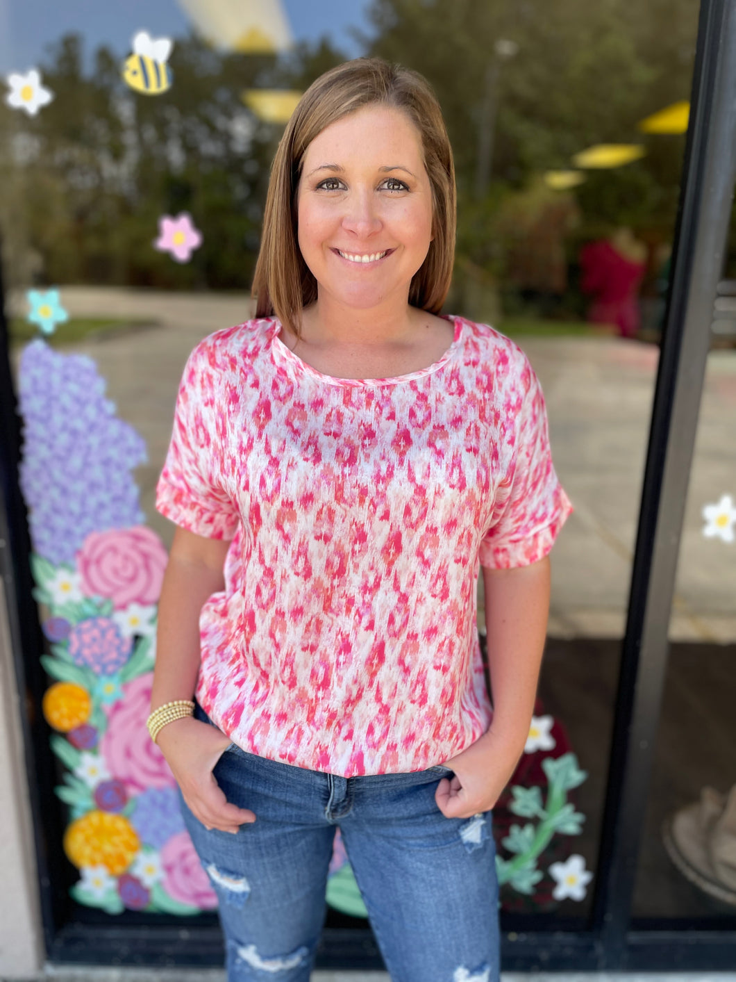 H9393 Satin Print Cuffed Sleeve Top