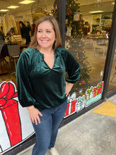 Load image into Gallery viewer, T12539-1 Velvet shirring ruffled split neck 3/4 sleeve top