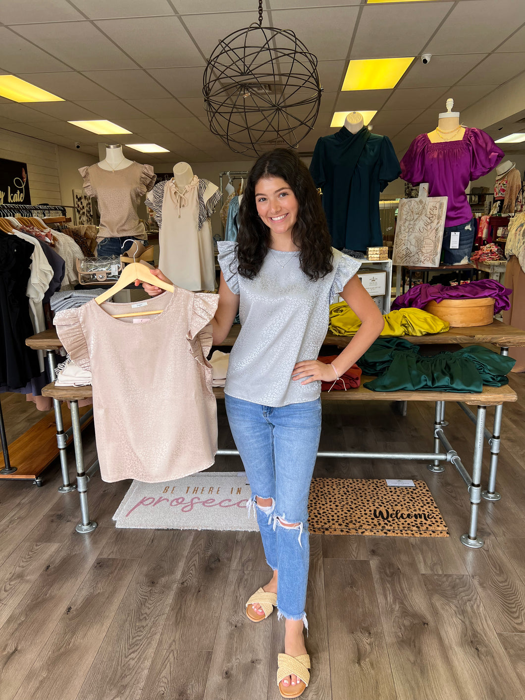 C12370-1 Satin Leopard Print Ruffle Sleeve top