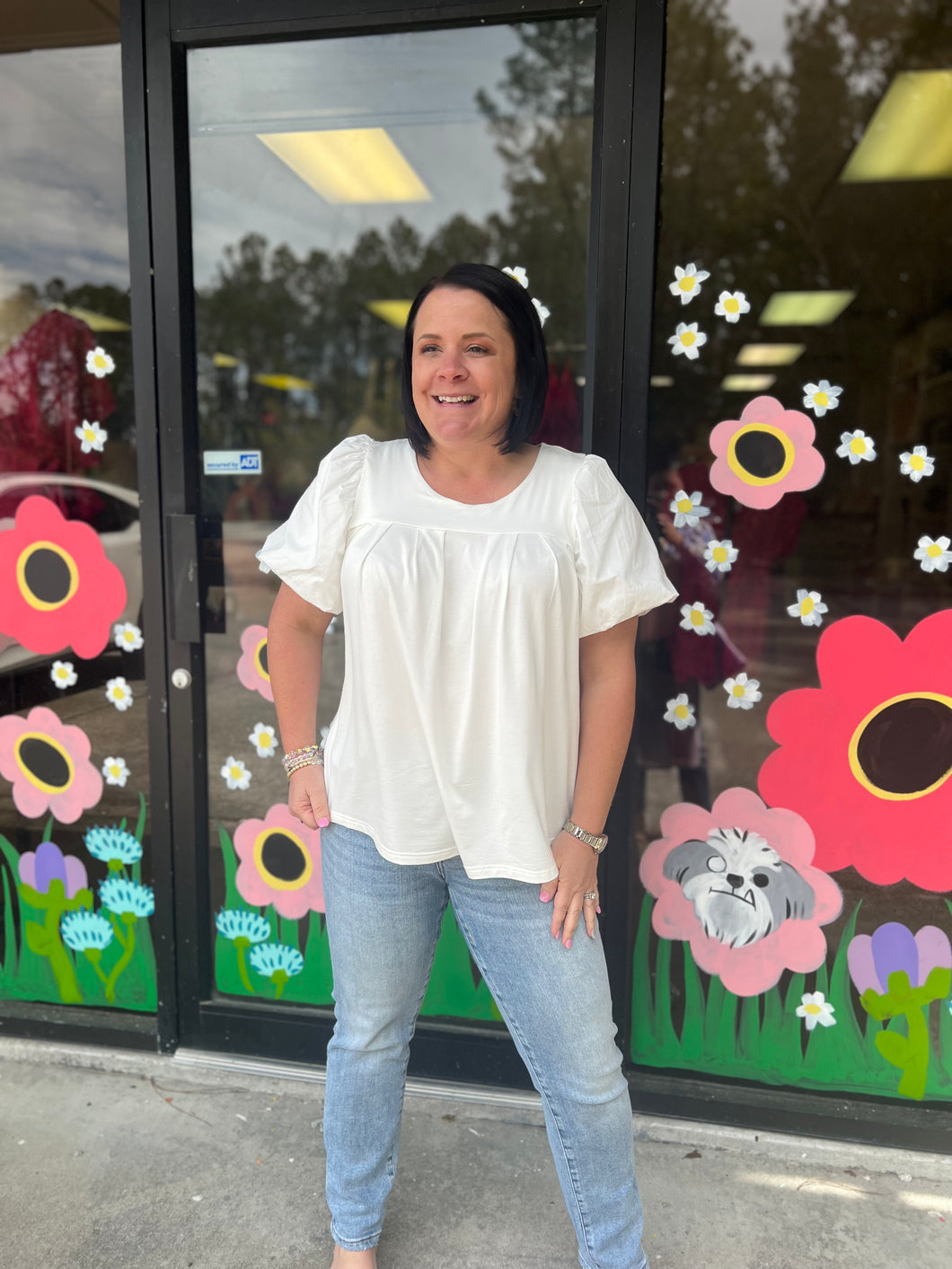 K6870 Short Puff Sleeve Pleated Detail Top