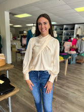 Load image into Gallery viewer, T19006 Satin cross front neck long sleeve top featuring self tie at back neck.