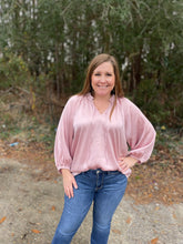 Load image into Gallery viewer, TK7468 v neck long sleeve satin top with an optional front tie