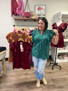 T18627 Solid V neck ruffle sleeve short sleeve top