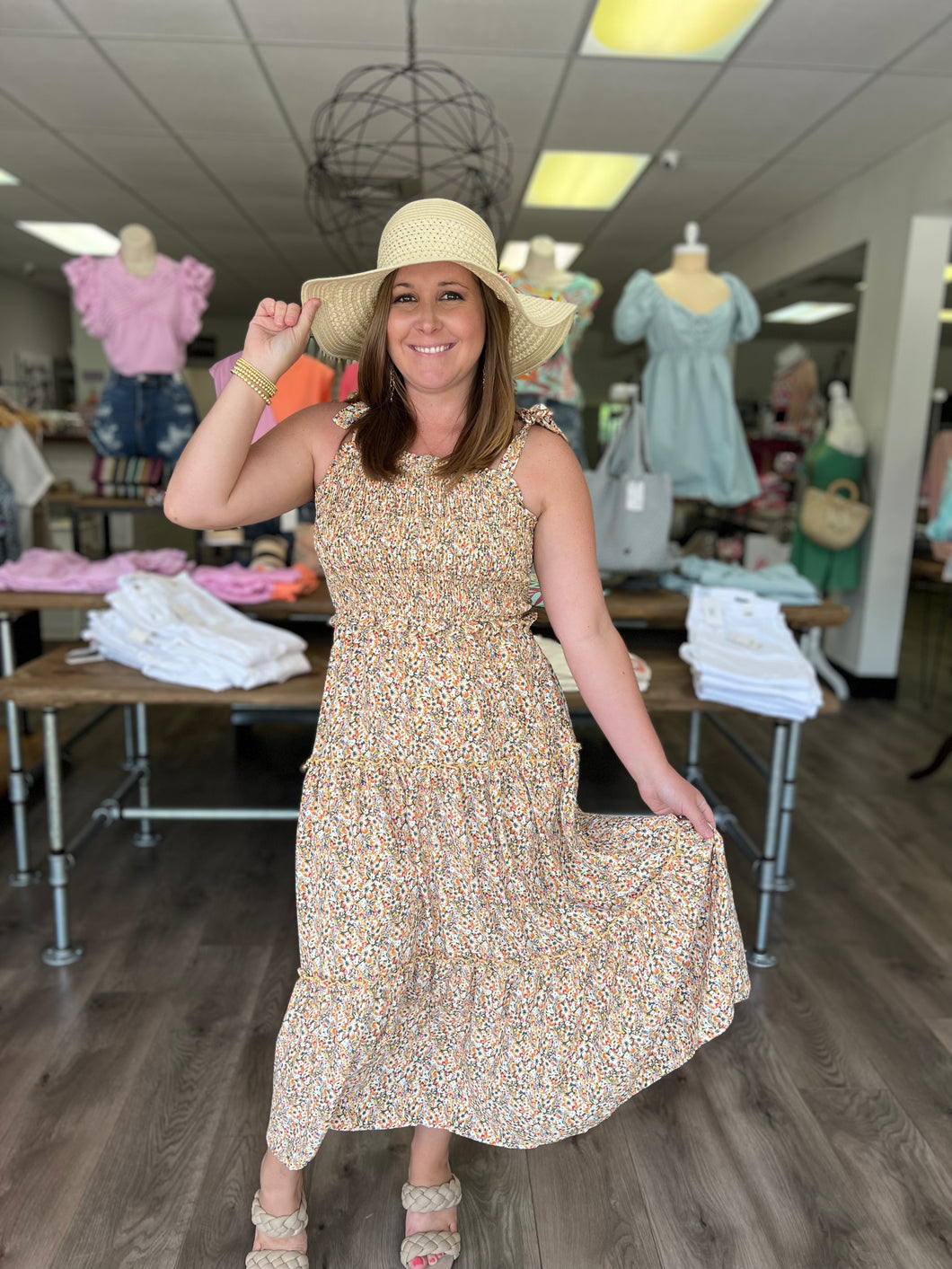 HY5716 Smocked Tie shoulder ruffled tiered sleeveless dress