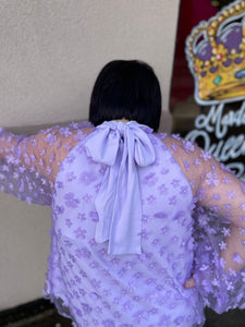 T19796 Mock neck long sleeve organza top featuring 3d flower details