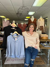 Load image into Gallery viewer, T18824 Satin button up v-neck top featuring feather trim at sleeves