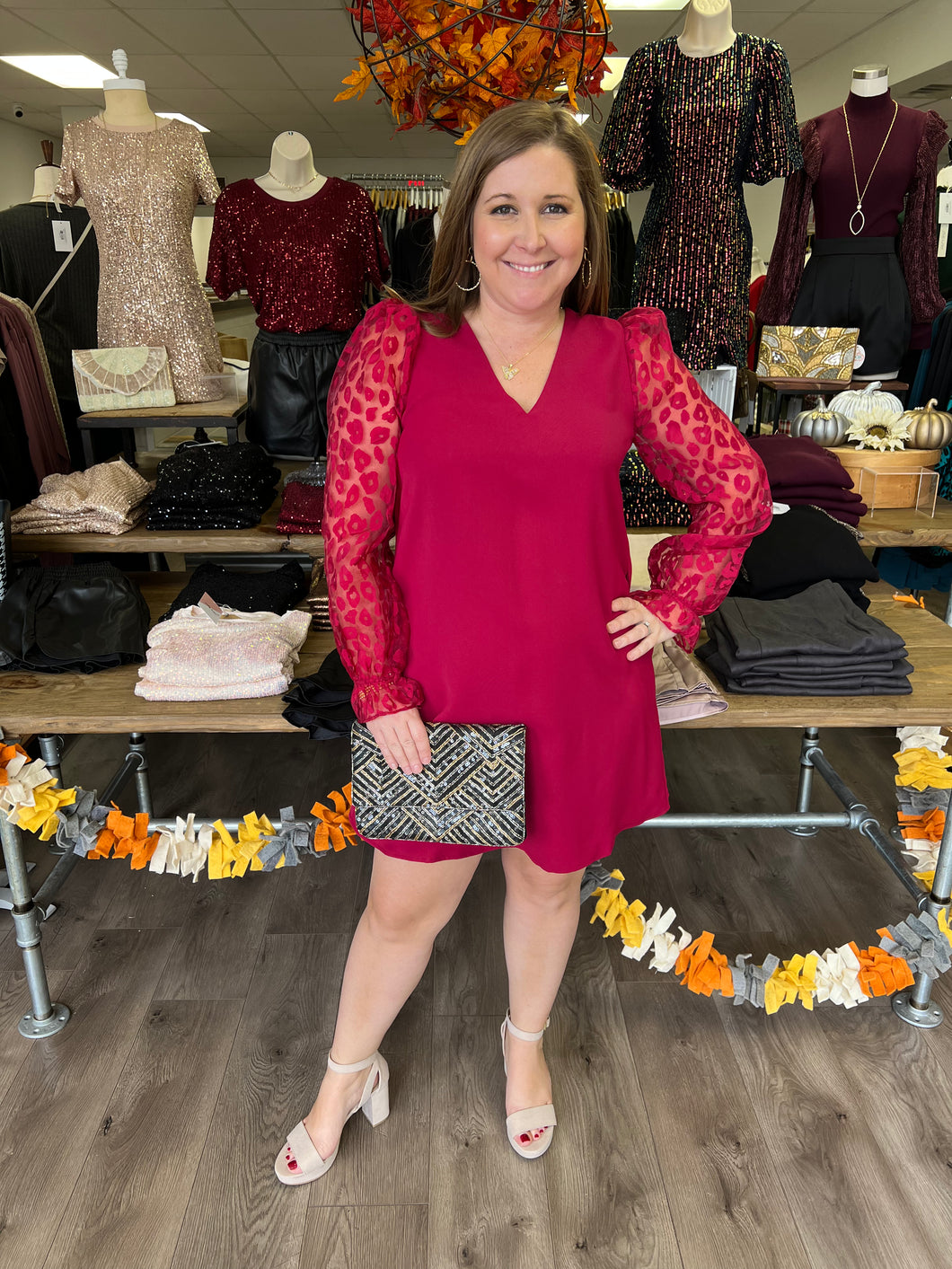 H5527-1 Sheer Leopard Pattern Long sleeves Dress