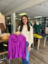 Load image into Gallery viewer, T19006 Satin cross front neck long sleeve top featuring self tie at back neck.