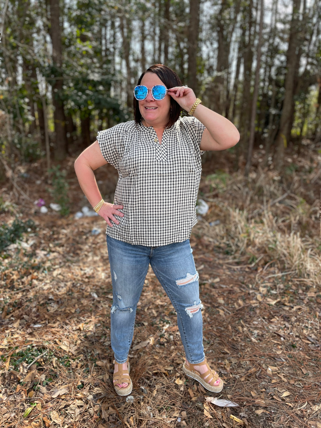 T10004-Woven gingham top with dolman sleeves