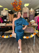 Load image into Gallery viewer, D10251 One shoulder satin dress with pleated bodice and flutter sleeves