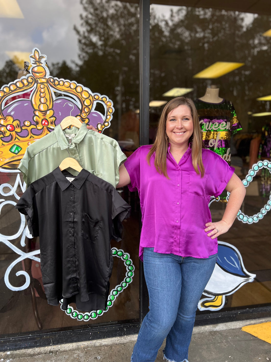 T18299 Solid satin button down collared top featuring pocket detail