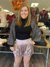 Load image into Gallery viewer, T19414 Mock neck long sleeve top featuring contrast metallic sleeves with ruffle detail