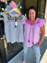 Load image into Gallery viewer, LV7415 Floral Embroidered Striped Top- seersucker fabric